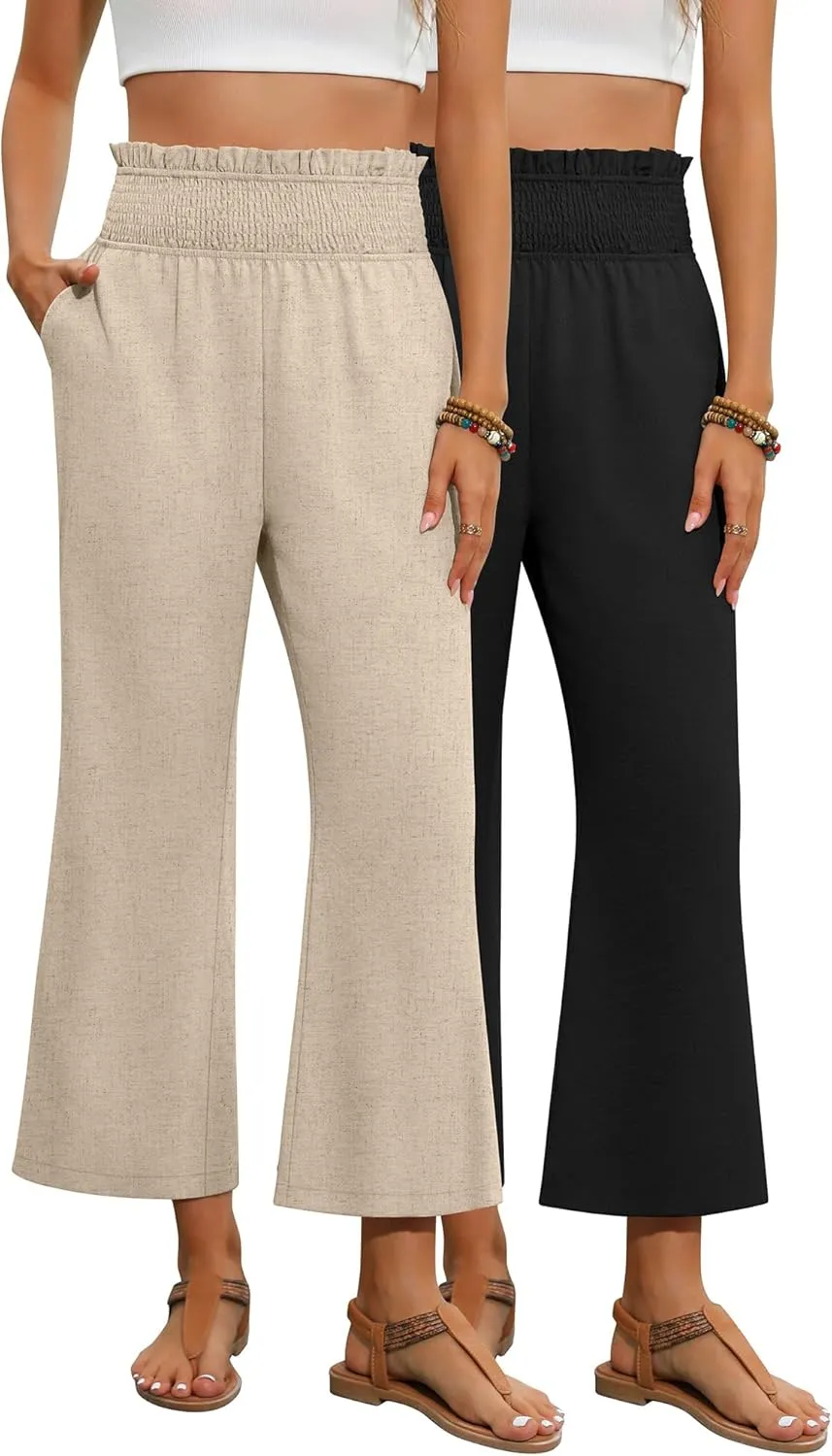 2 Pack Women's Linen Pants, High Waist Cropped Wide Leg Loose Pants with Pockets Flowy Palazzo Beach Trousers