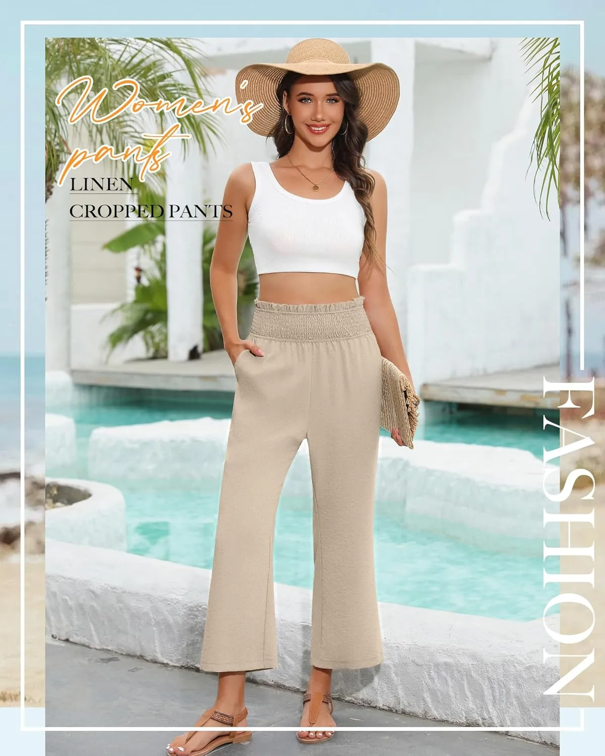 2 Pack Women's Linen Pants, High Waist Cropped Wide Leg Loose Pants with Pockets Flowy Palazzo Beach Trousers