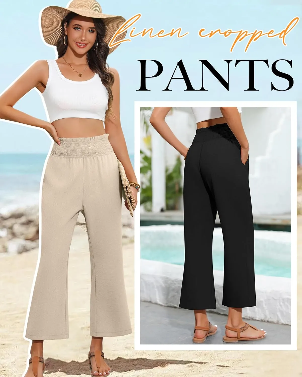 2 Pack Women's Linen Pants, High Waist Cropped Wide Leg Loose Pants with Pockets Flowy Palazzo Beach Trousers