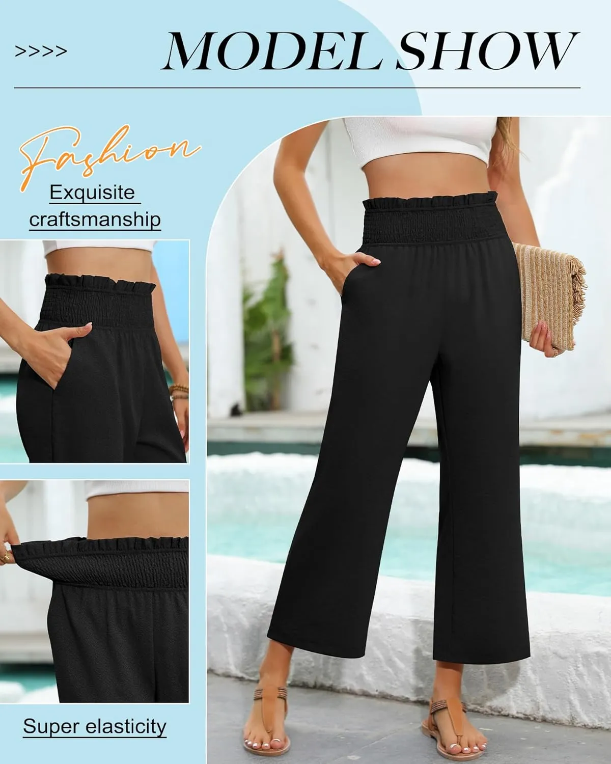 2 Pack Women's Linen Pants, High Waist Cropped Wide Leg Loose Pants with Pockets Flowy Palazzo Beach Trousers