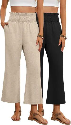 2 Pack Women's Linen Pants, High Waist Cropped Wide Leg Loose Pants with Pockets Flowy Palazzo Beach Trousers