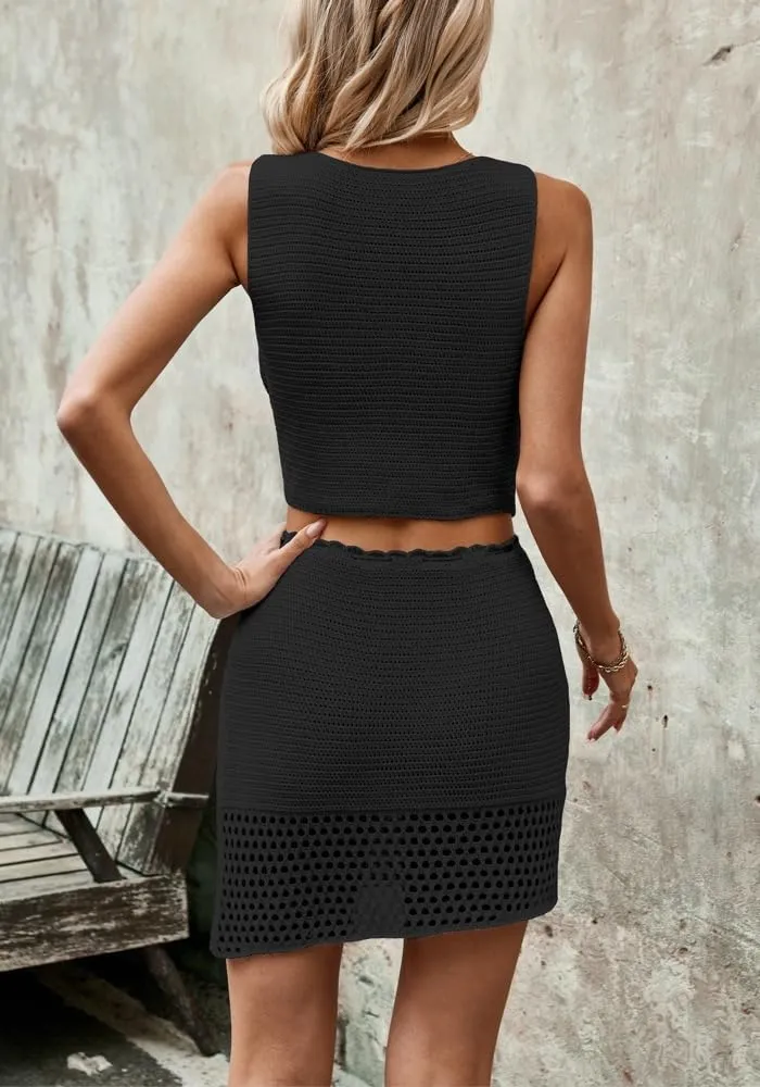 2 Piece Sets for Women Summer Crochet Hollow Out Knitted Skirt V Neck Crop Top Vest Vacation Cruise Outfits