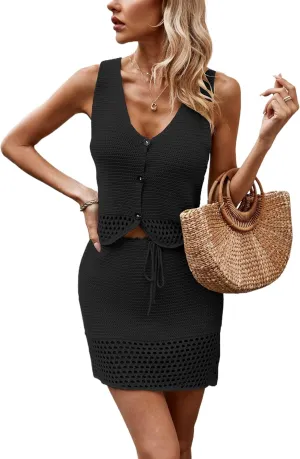 2 Piece Sets for Women Summer Crochet Hollow Out Knitted Skirt V Neck Crop Top Vest Vacation Cruise Outfits