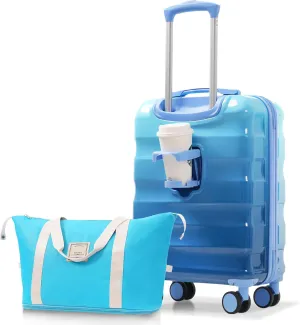 20 Inches Carry-on Luggage Set (2pcs)  Lightweight Hardshell Spinner Suitcases With Cup Holder, Tsa Lock, Airline Approved  Glossy Blue