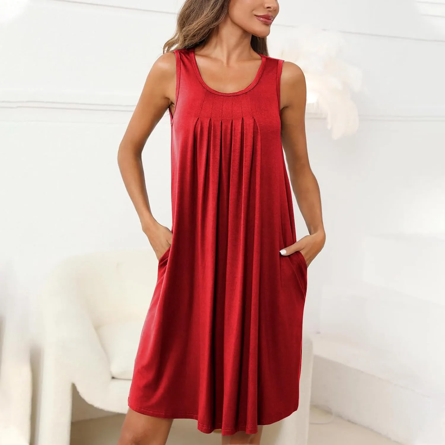 2024 Women's Loose Casul Sleeveless Solid Ruffle Crew Neck Sundresses with Pockets A-Line Beach Vacation Mini Dress