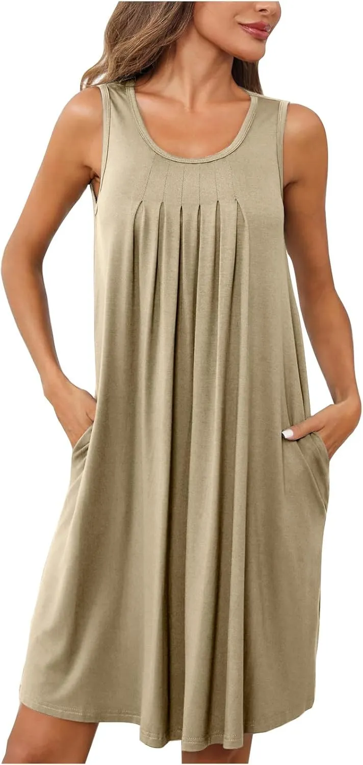 2024 Women's Loose Casul Sleeveless Solid Ruffle Crew Neck Sundresses with Pockets A-Line Beach Vacation Mini Dress