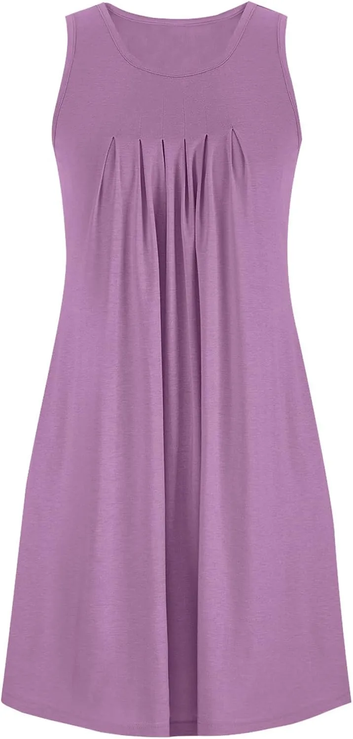2024 Women's Loose Casul Sleeveless Solid Ruffle Crew Neck Sundresses with Pockets A-Line Beach Vacation Mini Dress