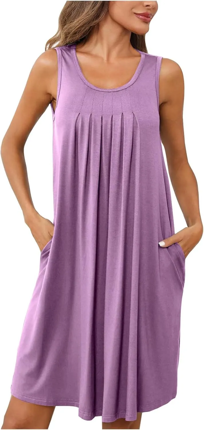 2024 Women's Loose Casul Sleeveless Solid Ruffle Crew Neck Sundresses with Pockets A-Line Beach Vacation Mini Dress