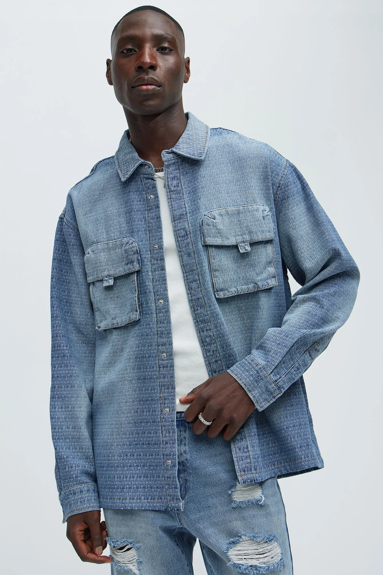 Abel Textured Button Up Shirt - Light Wash
