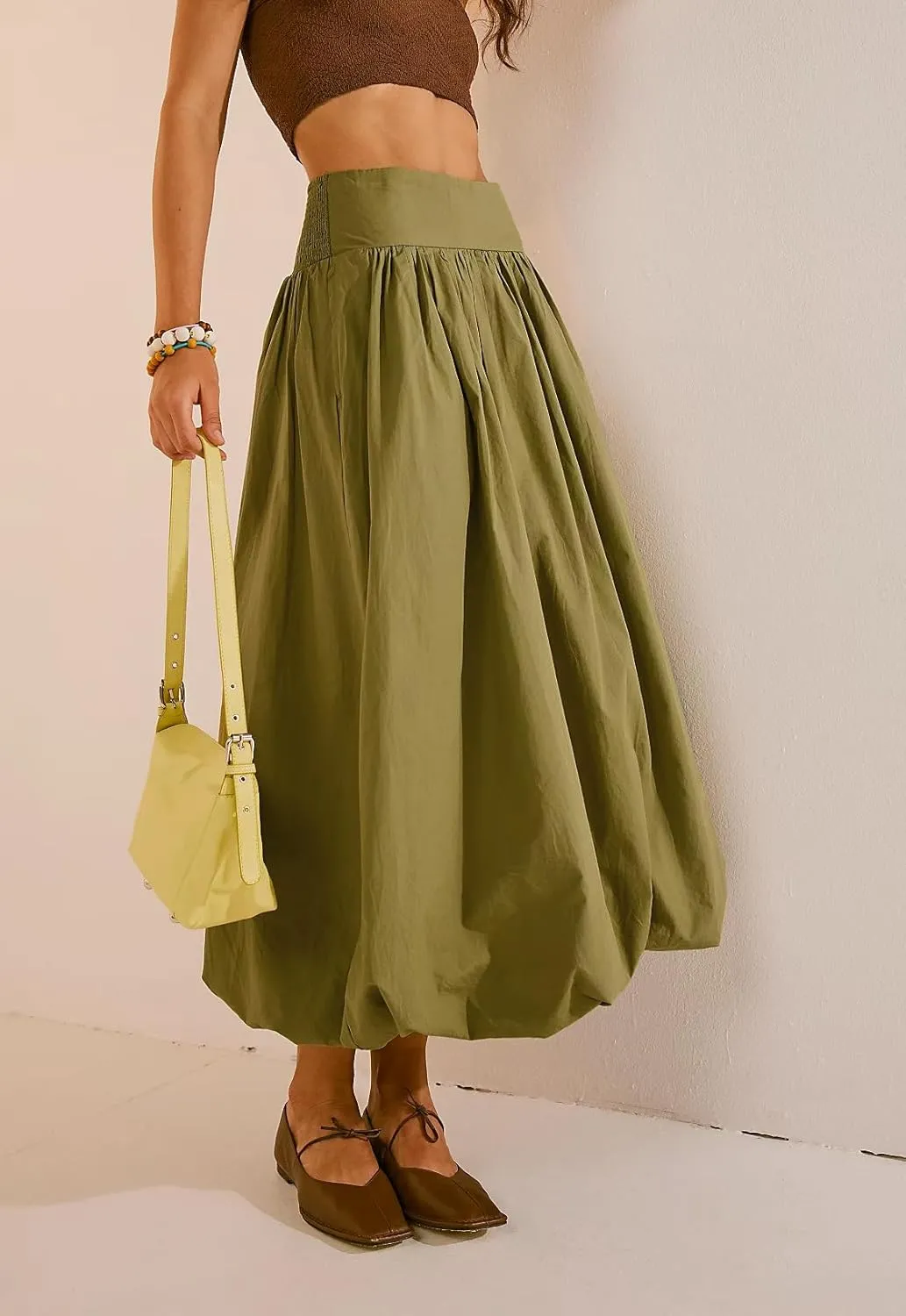 Adoeren Women Bubble Maxi Skirt Y2k Pleated A Line Balloon Long Skirt Casual Puff Skirt Solid Elegant Party Midi Skirt