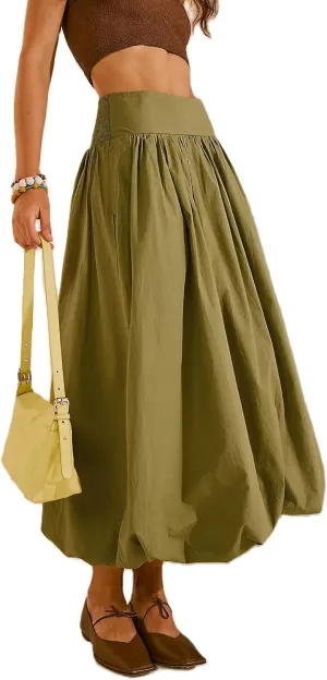 Adoeren Women Bubble Maxi Skirt Y2k Pleated A Line Balloon Long Skirt Casual Puff Skirt Solid Elegant Party Midi Skirt