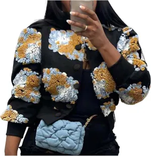 Aimiray Women's Cropped Floral Print Jacket Long Sleeve Fleece Warm Bomber Jacket Lightweight Button Varsity Coats
