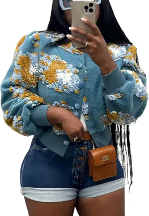 Aimiray Women's Cropped Floral Print Jacket Long Sleeve Fleece Warm Bomber Jacket Lightweight Button Varsity Coats