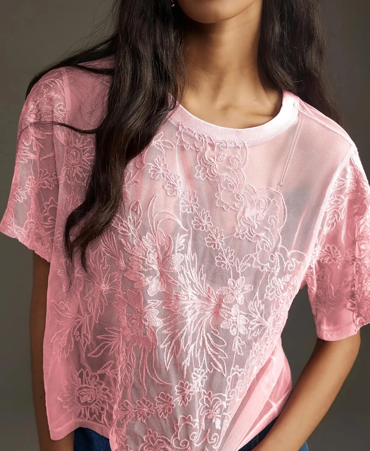 Aimiray Women's Sexy Mesh Tops Short Sleeve Round Neck Lace 3D Printed Floral Sheer Blouse See Through Layering Shirt Tops
