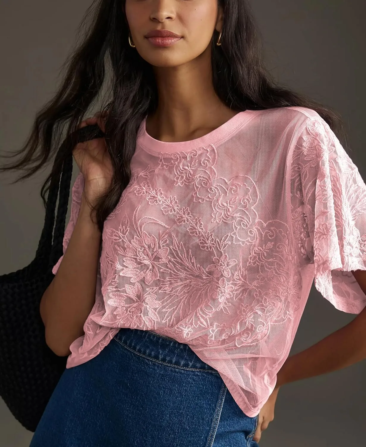 Aimiray Women's Sexy Mesh Tops Short Sleeve Round Neck Lace 3D Printed Floral Sheer Blouse See Through Layering Shirt Tops