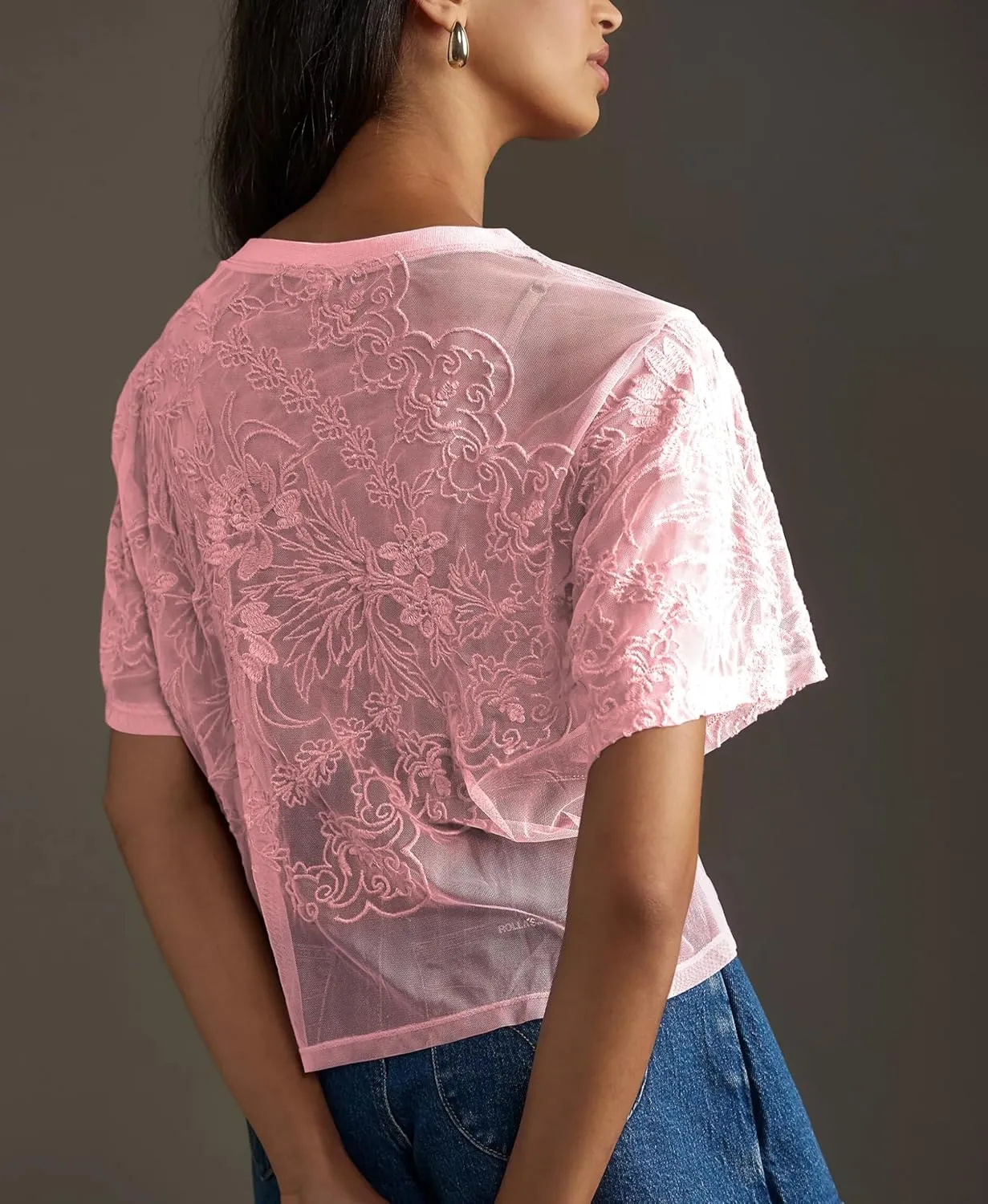 Aimiray Women's Sexy Mesh Tops Short Sleeve Round Neck Lace 3D Printed Floral Sheer Blouse See Through Layering Shirt Tops