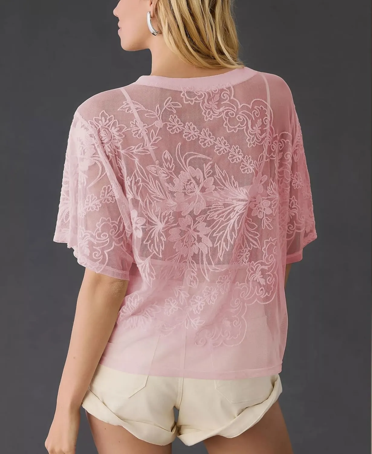 Aimiray Women's Sexy Mesh Tops Short Sleeve Round Neck Lace 3D Printed Floral Sheer Blouse See Through Layering Shirt Tops