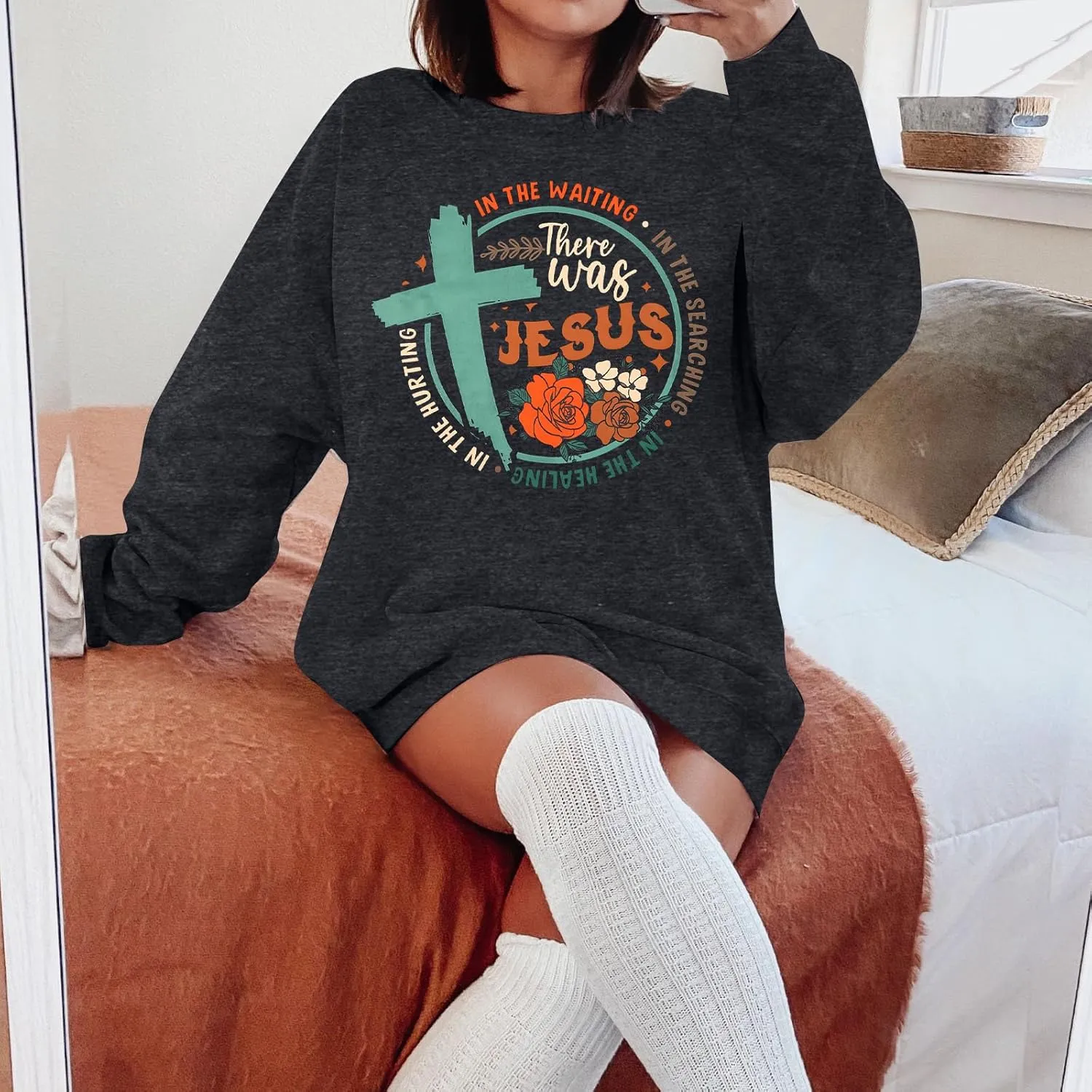 ALLTB Jesus Sweatshirt Women Christian Religious Sayings Sweatshirt Jesus Faith Bible Verse Flower Printed Long Sleeve Tops
