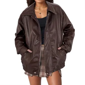 American Trends Leather Jacket Women Bomber Pleather Jacket Oversized Leather Blazer Biker Motorcycle Jacket