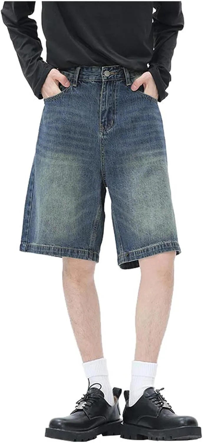 Baggy Jean Shorts for Men Casual Loose Fit Hip Hop Long Denim Shorts Trendy Outfits
