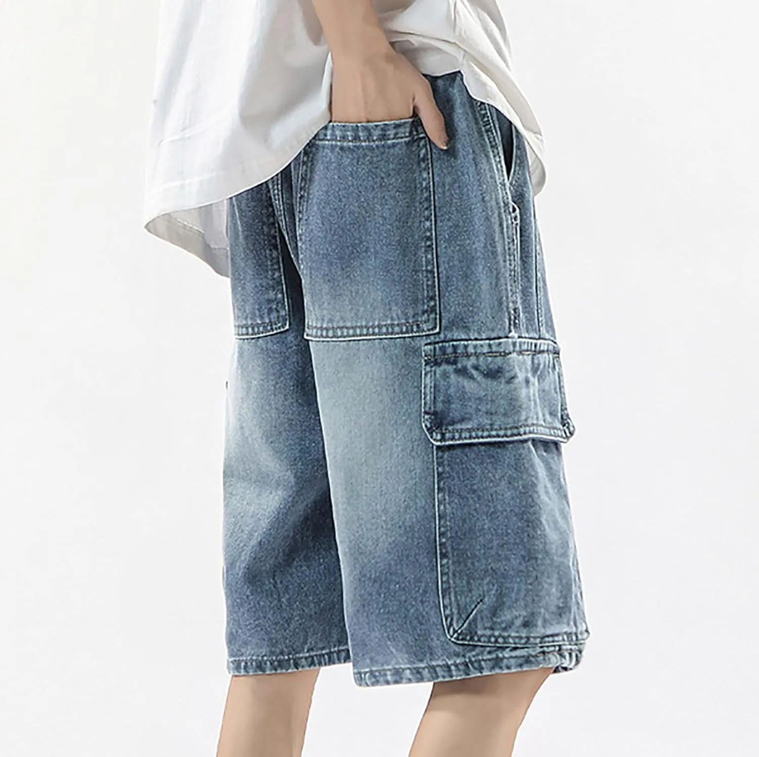 Baggy Jean Shorts for Men Summer Casual Loose Fit Hip Hop Long Denim Shorts with Pockets
