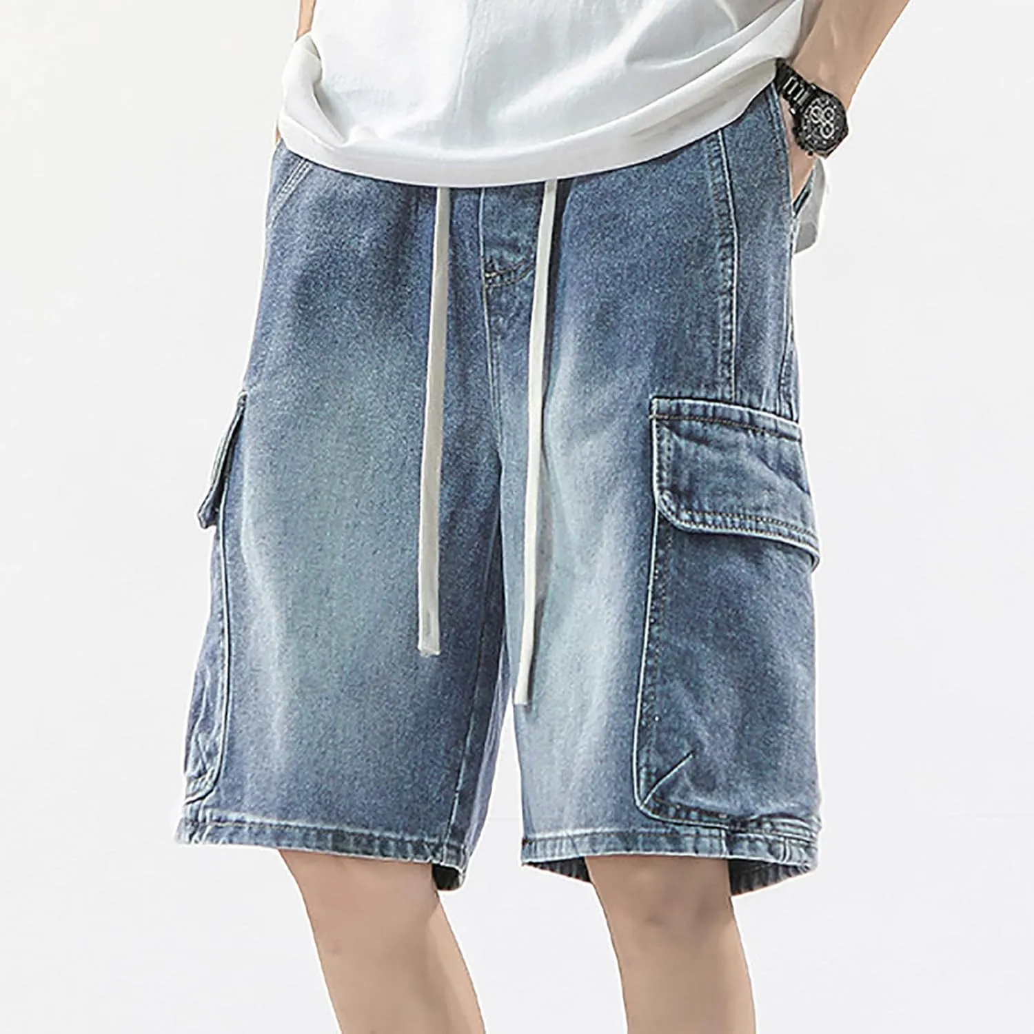 Baggy Jean Shorts for Men Summer Casual Loose Fit Hip Hop Long Denim Shorts with Pockets