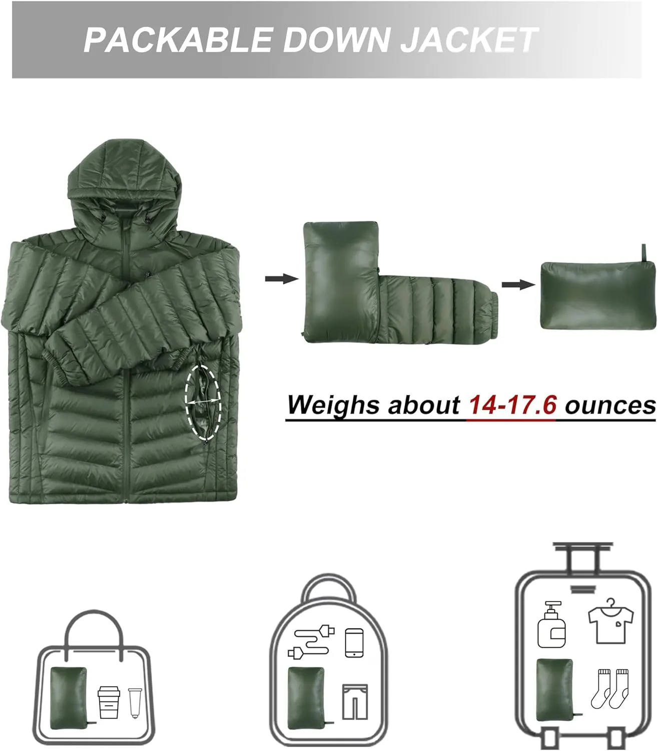 Bakery Men's Down Jacket Hooded Packable Down Puffer Jacket Lightweight Water-Resistant Insulated Down Jacket