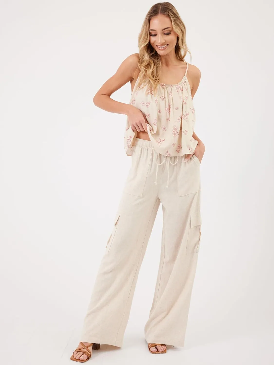 Beautiful Nomad Women's Linen Cargo Pants Casual High Waisted Wide Leg Pant Baggy Trousers with Pockets