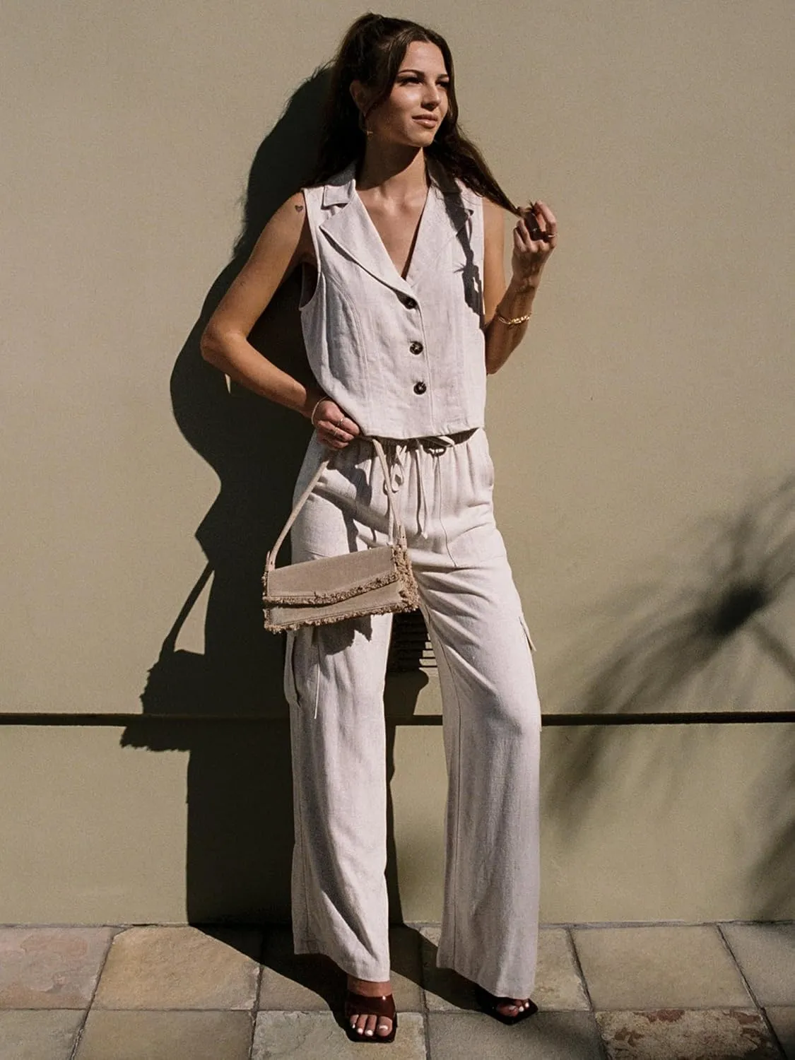 Beautiful Nomad Women's Linen Cargo Pants Casual High Waisted Wide Leg Pant Baggy Trousers with Pockets