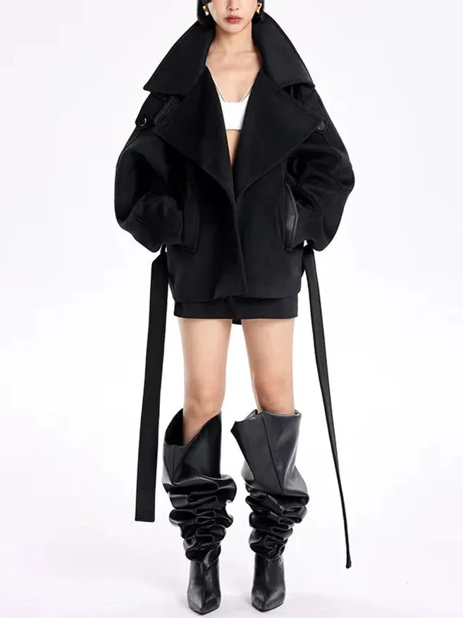 Belted Oversize High-Collar Jacket in Black