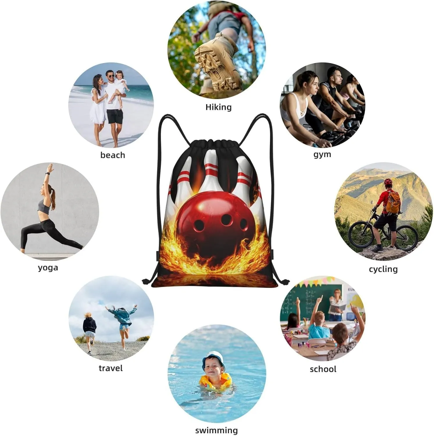 Bowling Ball Pattern Drawstring Backpack Bag - Sports Gym Sack For Women Men