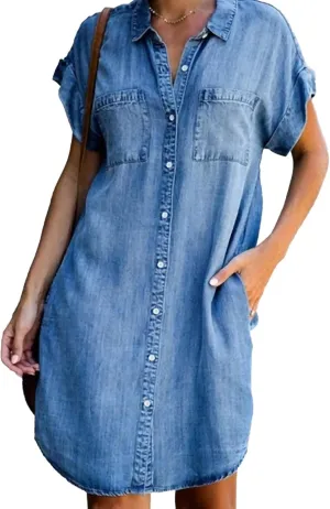 Button Down Denim Midi Shirt Dress for Women Summer Lapel Short Sleeve Loose Jean Dresses with Pockets Plus Size