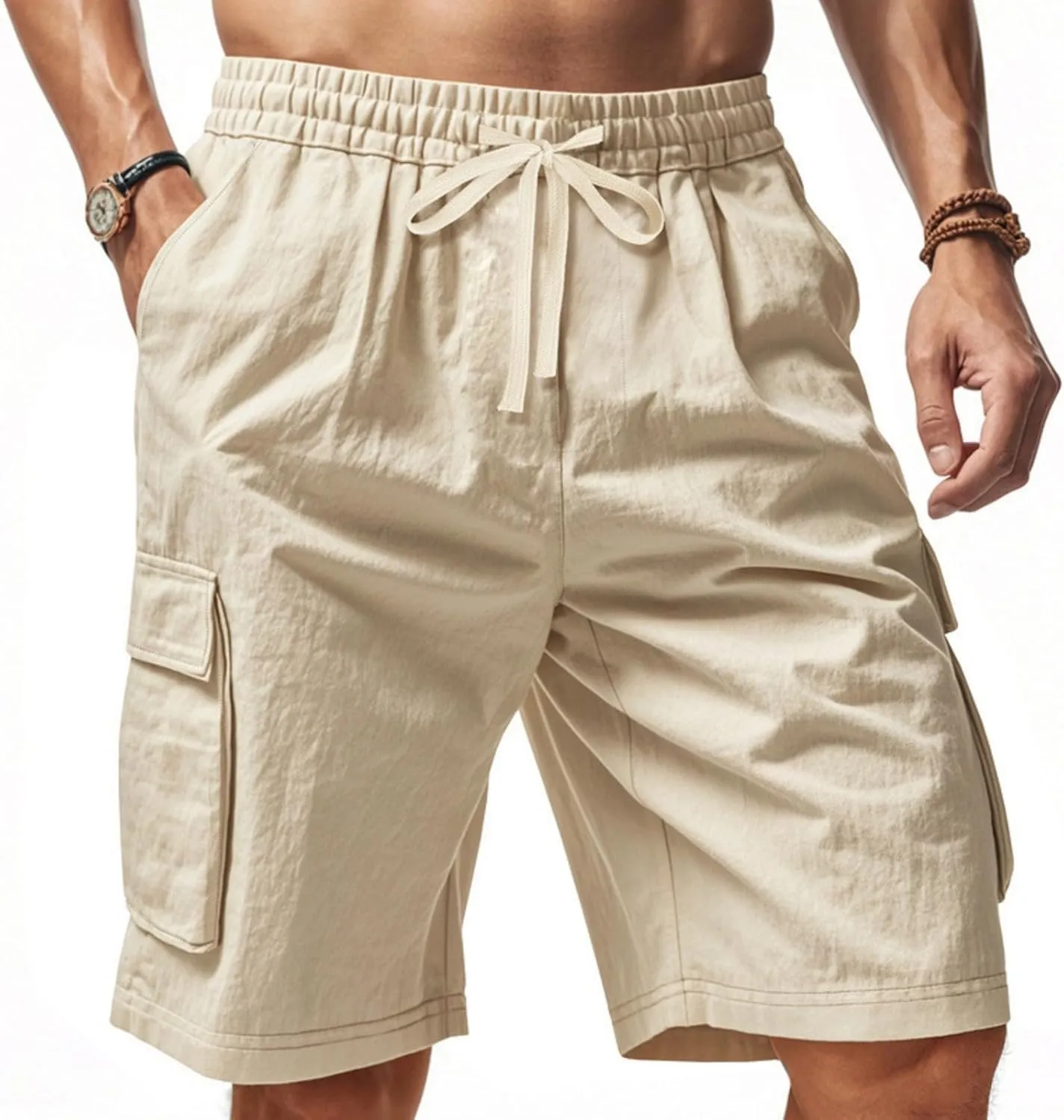 Cargo Shorts for Men Stretch Waist Drawstring Slim Fishing Hiking Long Chino Shorts Lounge Work Pants Multi Pockets