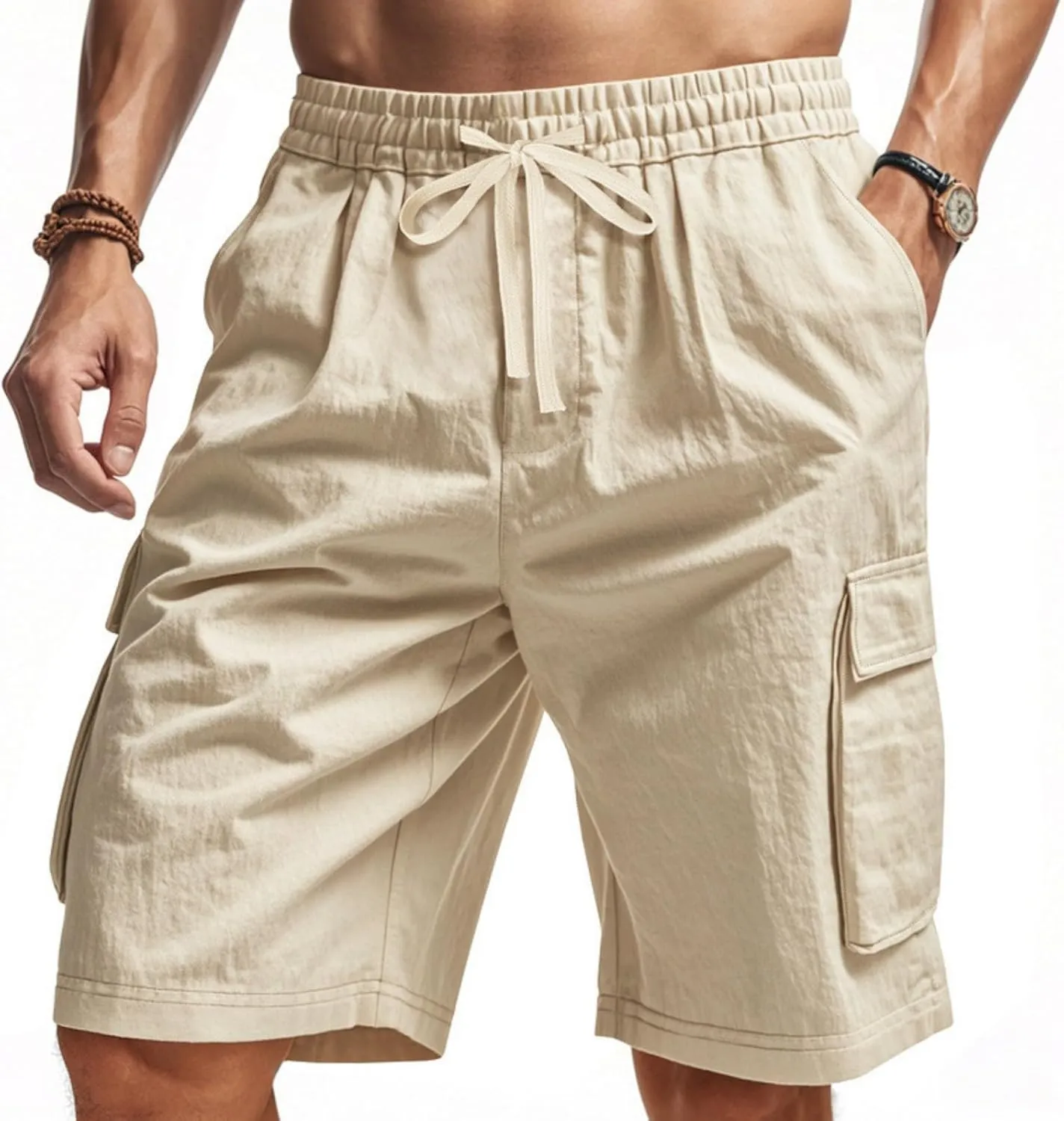 Cargo Shorts for Men Stretch Waist Drawstring Slim Fishing Hiking Long Chino Shorts Lounge Work Pants Multi Pockets