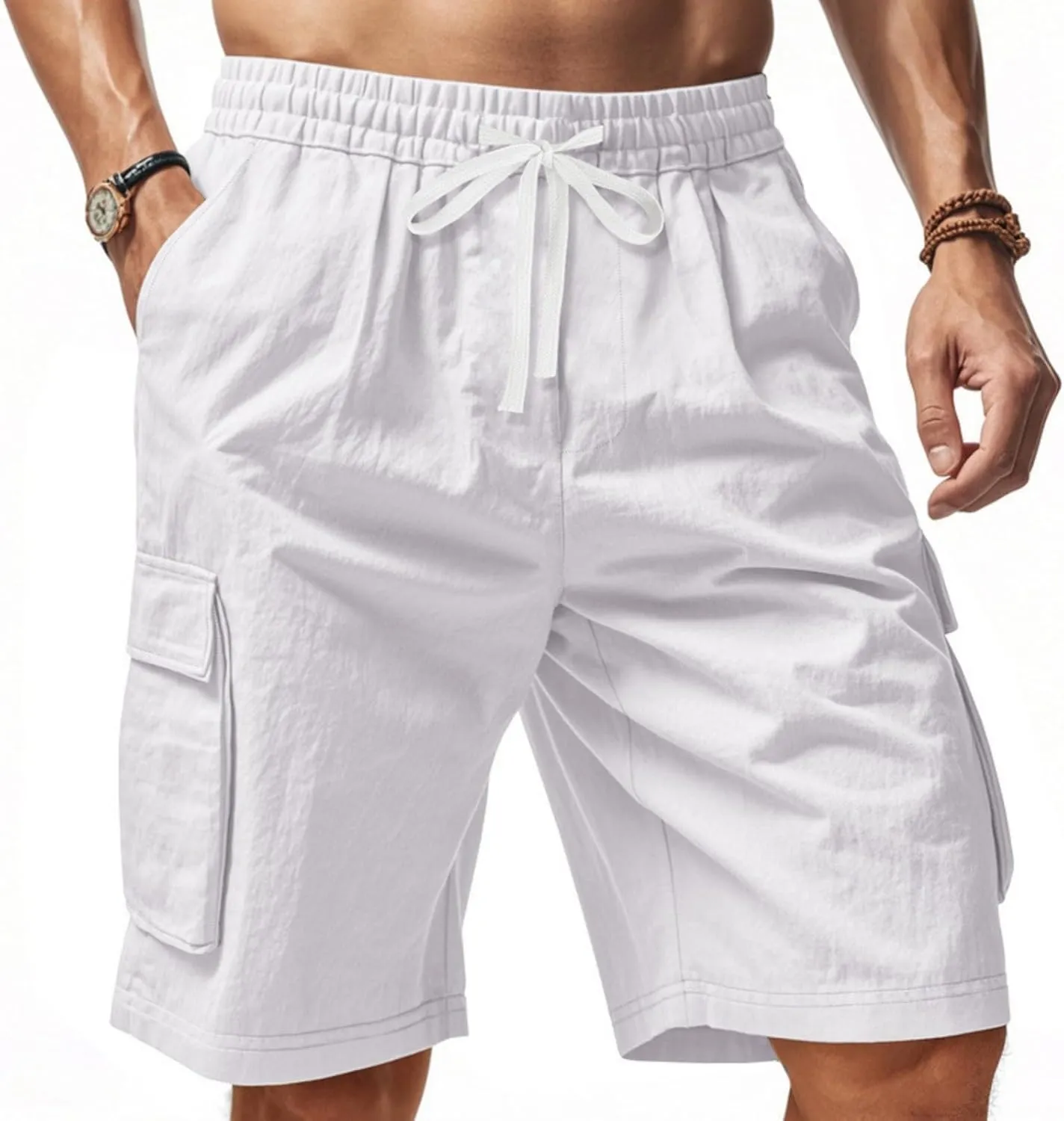 Cargo Shorts for Men Stretch Waist Drawstring Slim Fishing Hiking Long Chino Shorts Lounge Work Pants Multi Pockets