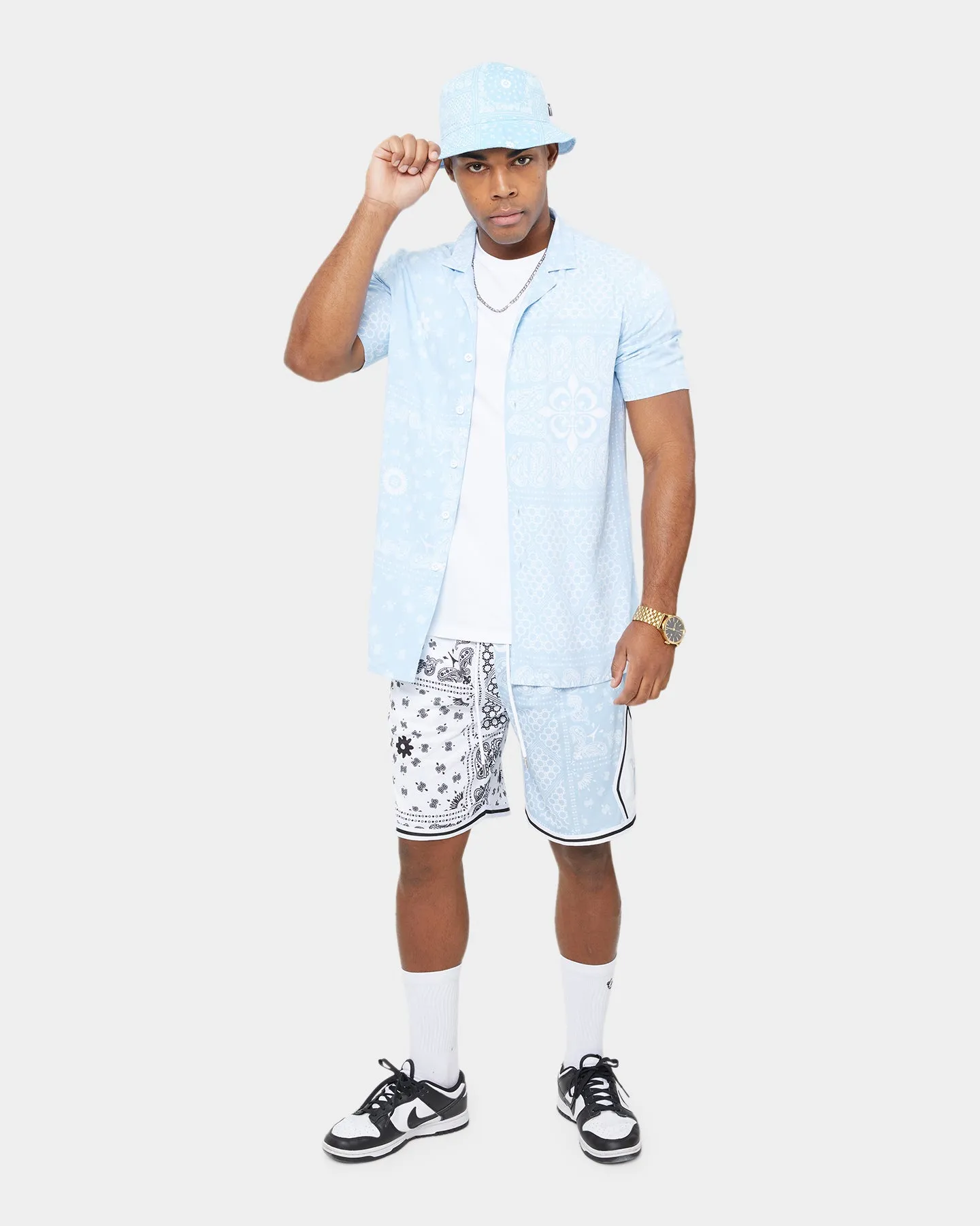 Carre Bandana Ultra Short Sleeve Button Up Shirt Light Blue