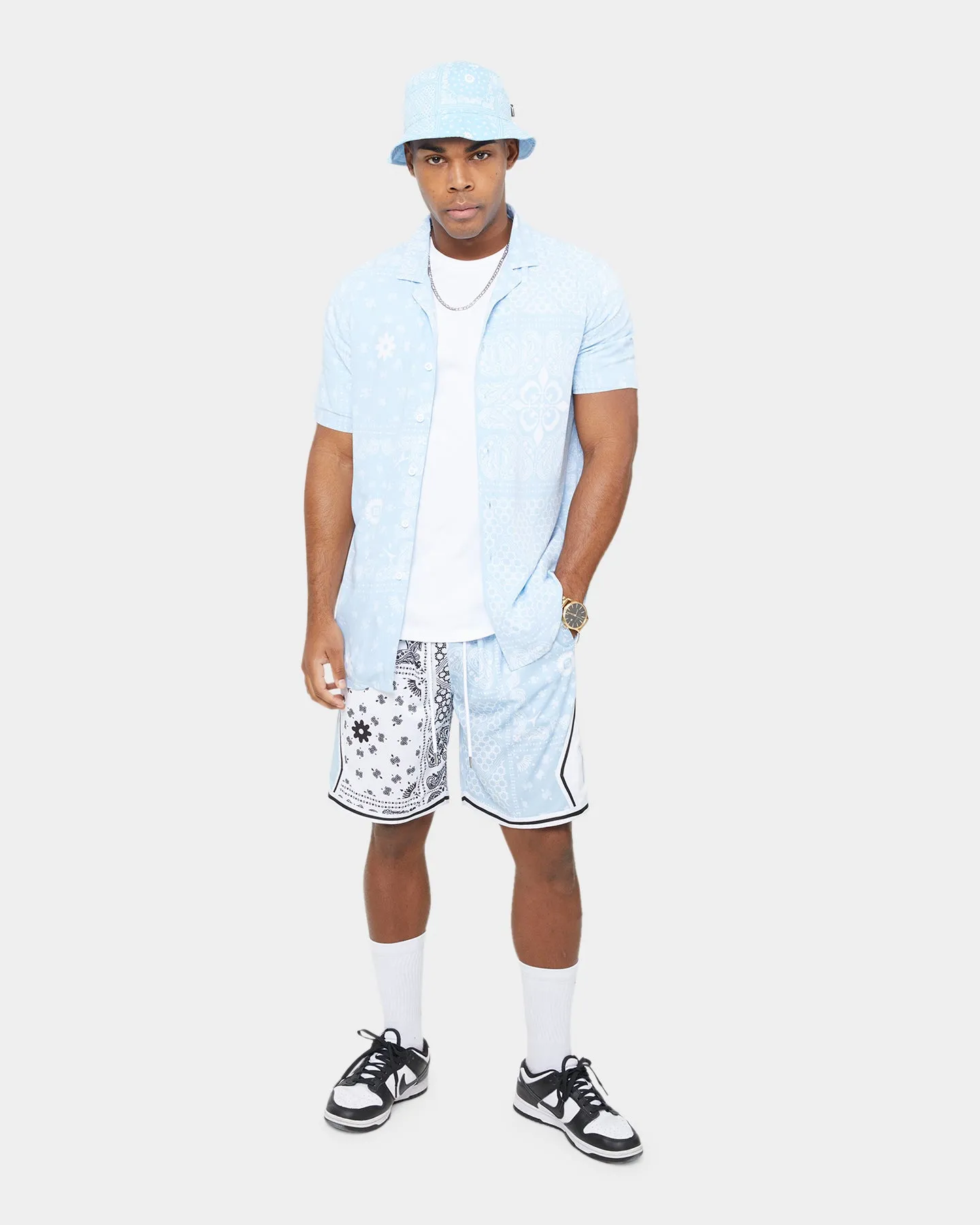 Carre Bandana Ultra Short Sleeve Button Up Shirt Light Blue
