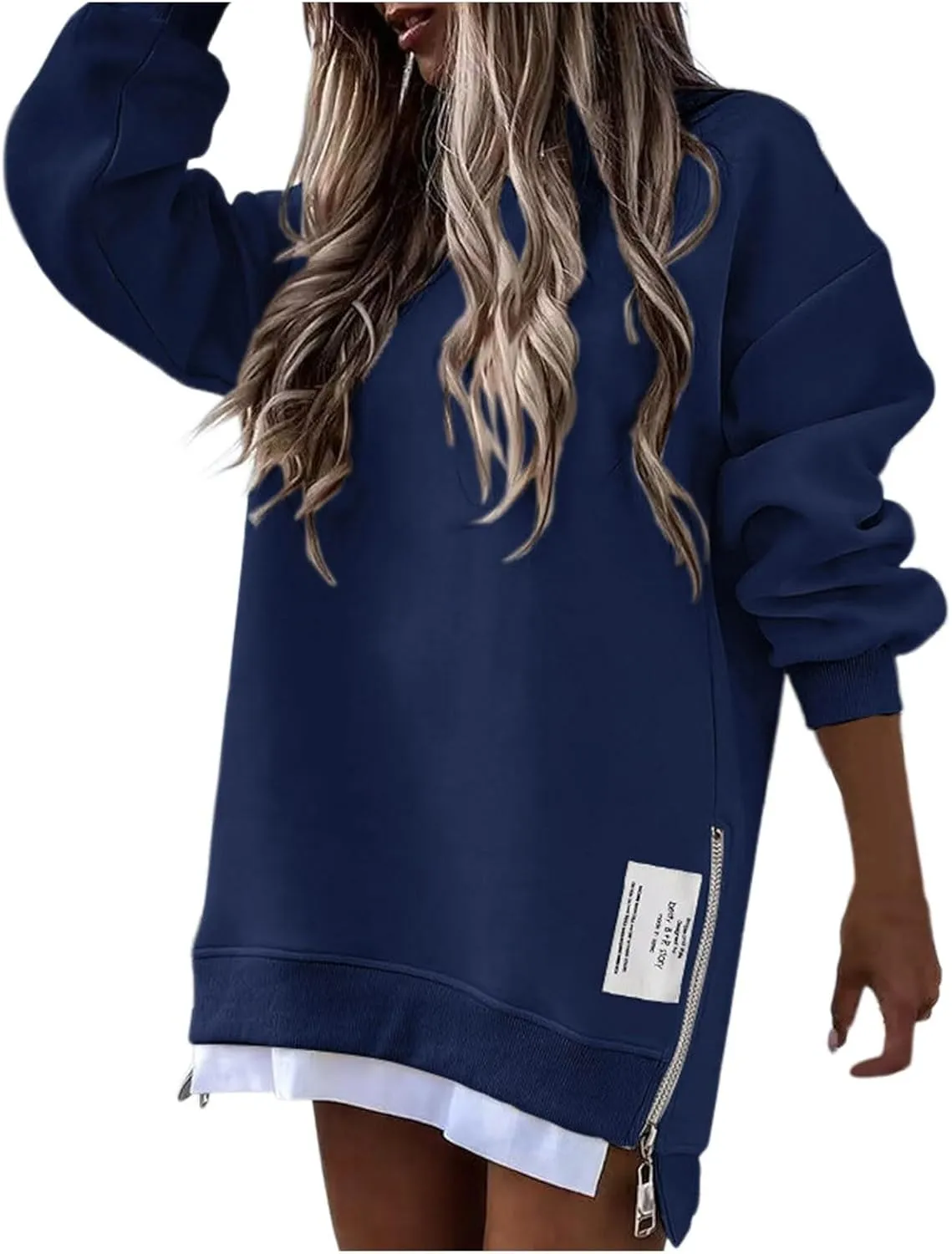 Chic Me Womens Long Sleeve Zipper Slit Sweatshirt Casual Loose Oversized Pullover Zipper Trendy Hoodies