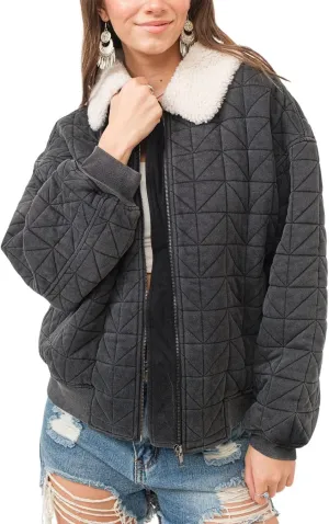 chouyatou Women's Winter Fur Collar Lightweight Quilted Jacket Bomber Zip Oversized Down Puffer Jacket
