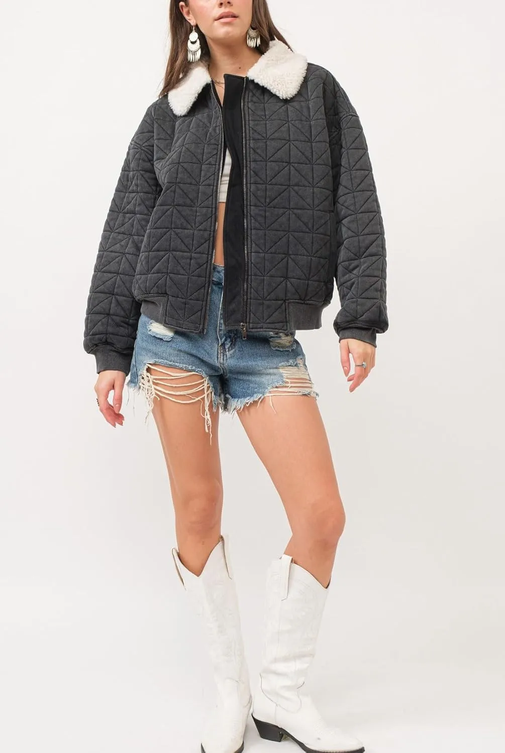 chouyatou Women's Winter Fur Collar Lightweight Quilted Jacket Bomber Zip Oversized Down Puffer Jacket