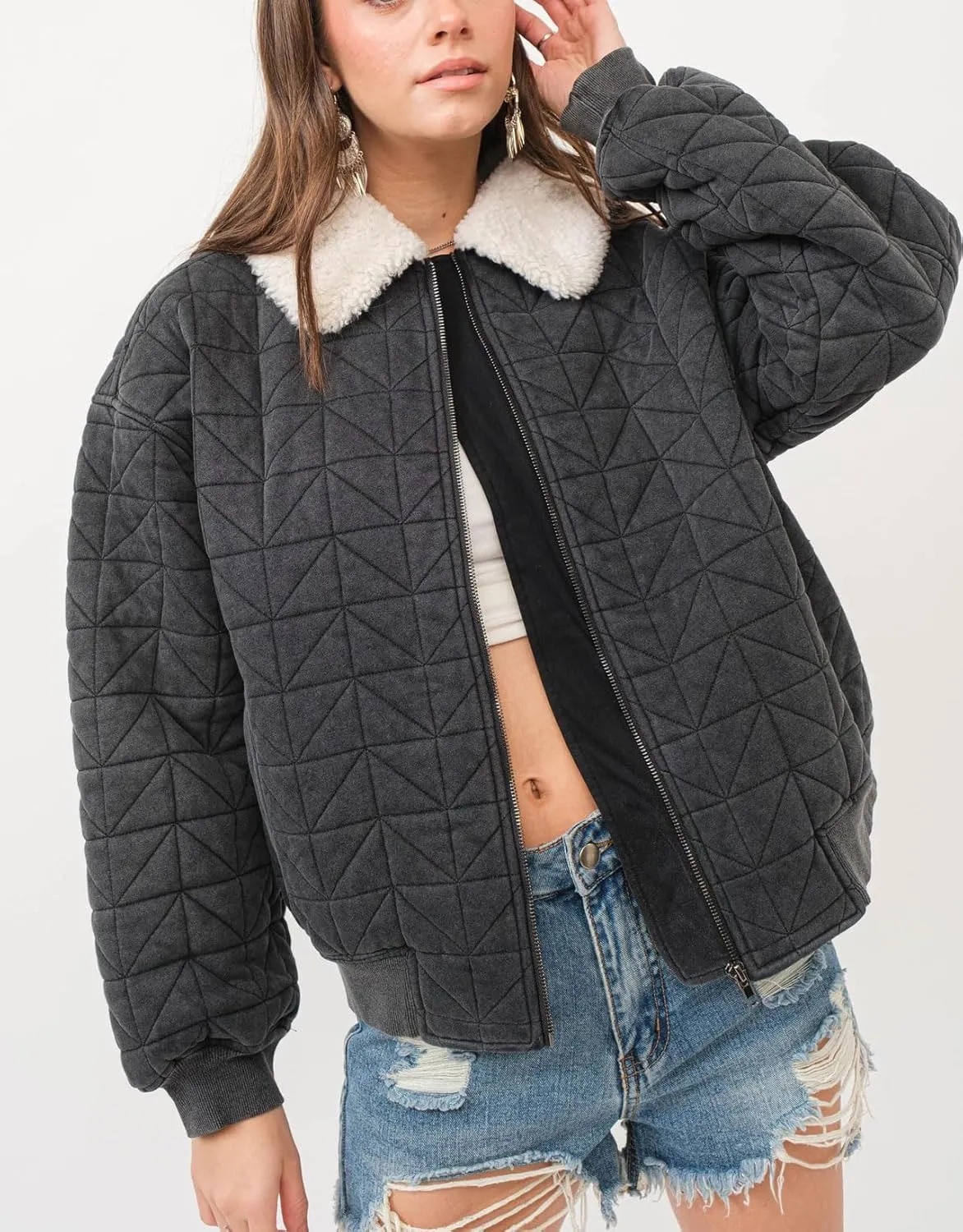 chouyatou Women's Winter Fur Collar Lightweight Quilted Jacket Bomber Zip Oversized Down Puffer Jacket