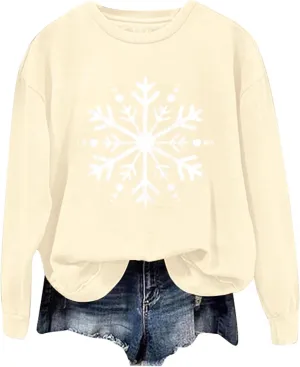 Christmas Sweatshirt for Women Snowflake Graphic Long Sleeve Casual Pullover Drop Shoulder Crewneck Trendy Clothes