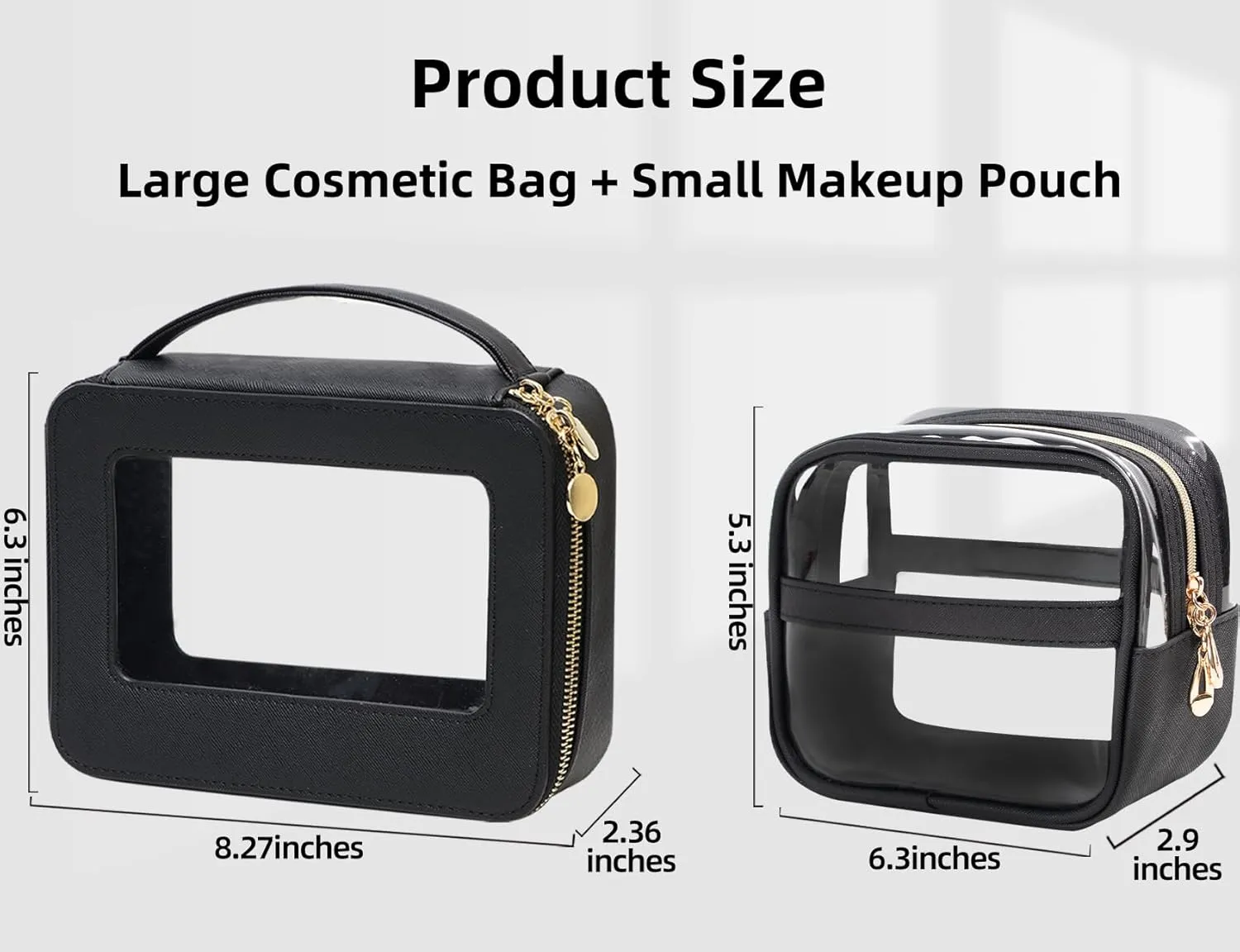 Clear Makeup Bag with Small Cosmetic Bag, Clear Toiletry Bag Set with Zippers, TSA Approved Make Up Bags for Traveling, 2 Pack Portable Leathers Makeup Case Organizer for Women(Black)