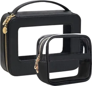 Clear Makeup Bag with Small Cosmetic Bag, Clear Toiletry Bag Set with Zippers, TSA Approved Make Up Bags for Traveling, 2 Pack Portable Leathers Makeup Case Organizer for Women(Black)