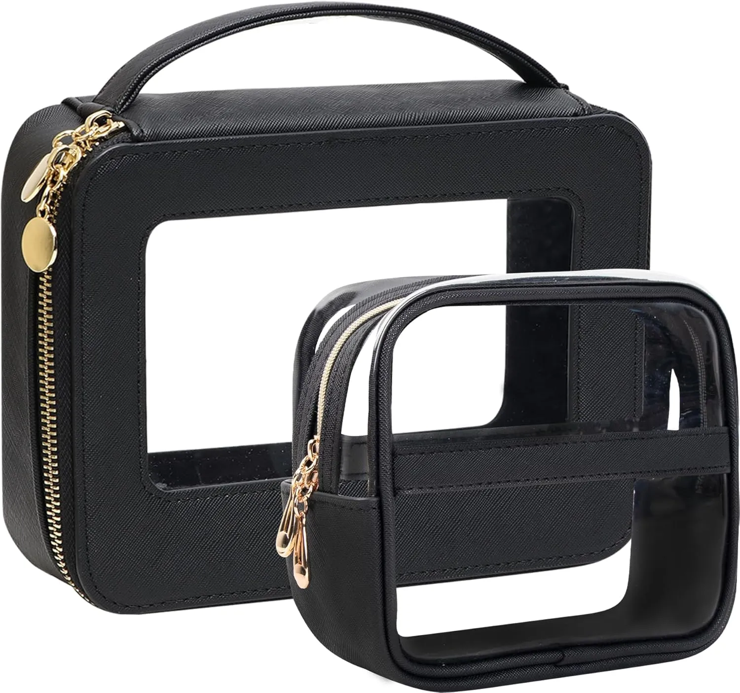 Clear Makeup Bag with Small Cosmetic Bag, Clear Toiletry Bag Set with Zippers, TSA Approved Make Up Bags for Traveling, 2 Pack Portable Leathers Makeup Case Organizer for Women(Black)