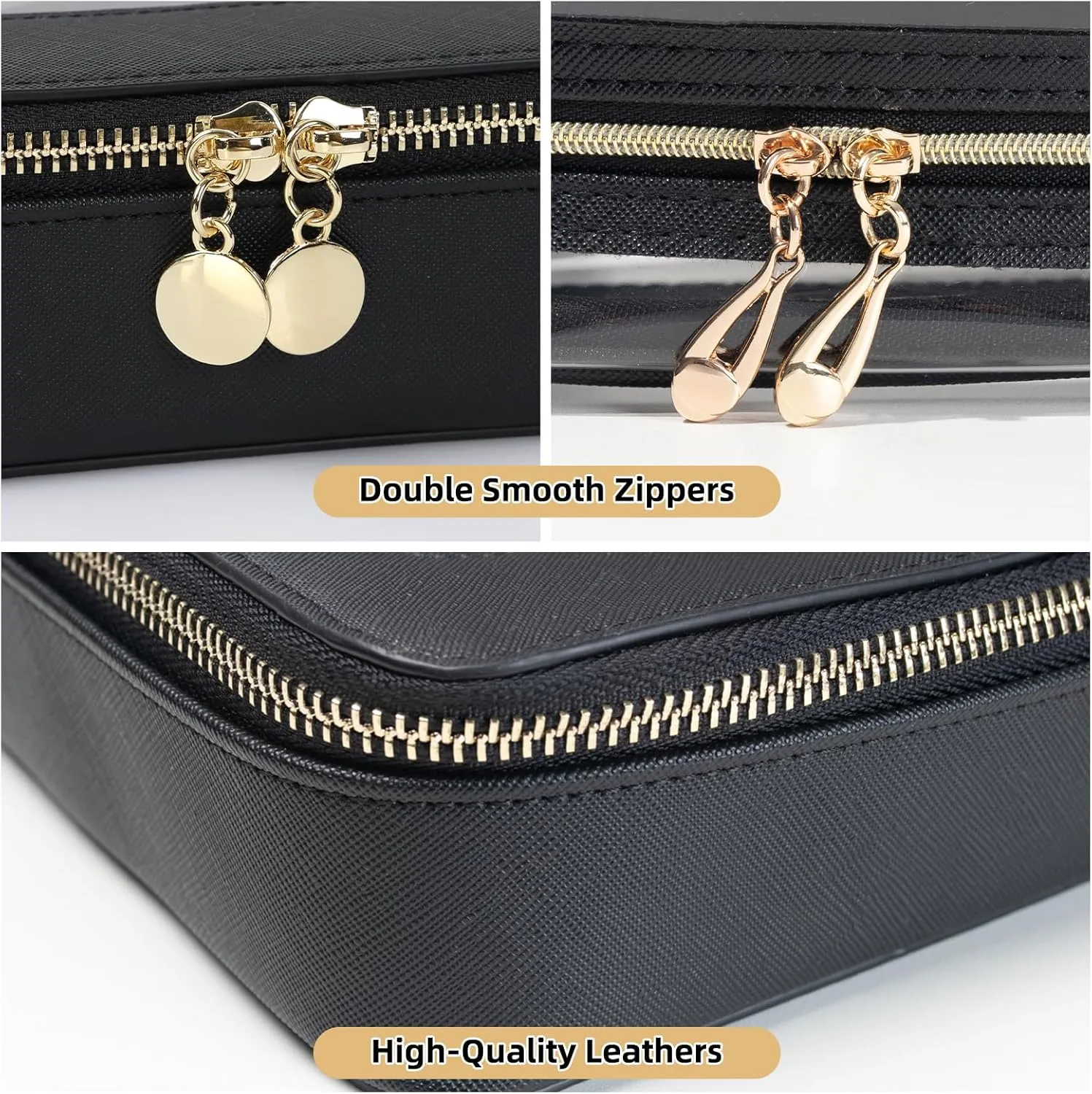 Clear Makeup Bag with Small Cosmetic Bag, Clear Toiletry Bag Set with Zippers, TSA Approved Make Up Bags for Traveling, 2 Pack Portable Leathers Makeup Case Organizer for Women(Black)