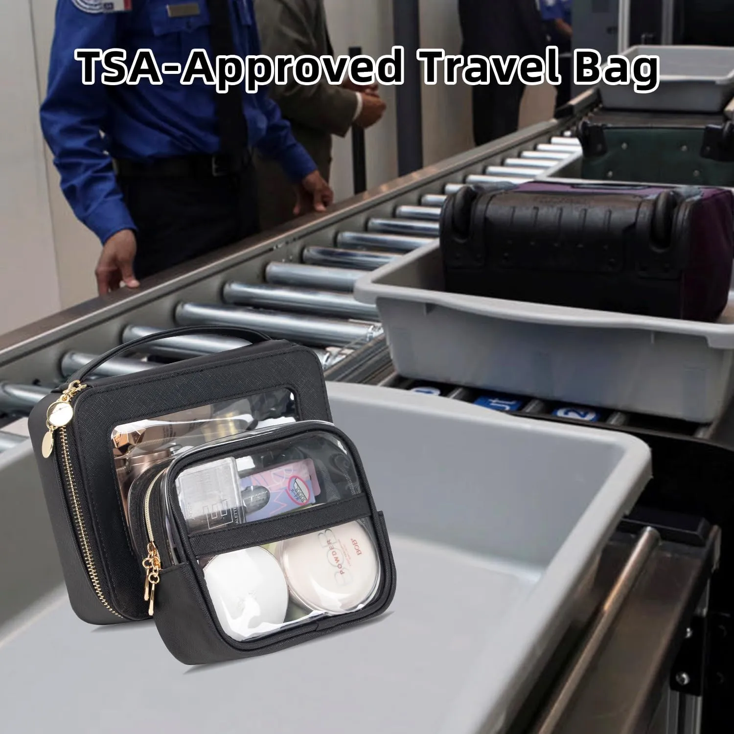 Clear Makeup Bag with Small Cosmetic Bag, Clear Toiletry Bag Set with Zippers, TSA Approved Make Up Bags for Traveling, 2 Pack Portable Leathers Makeup Case Organizer for Women(Black)