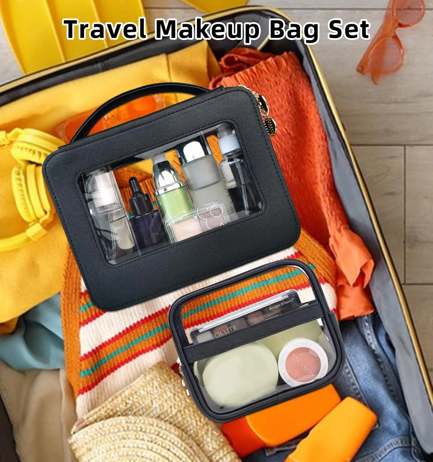 Clear Makeup Bag with Small Cosmetic Bag, Clear Toiletry Bag Set with Zippers, TSA Approved Make Up Bags for Traveling, 2 Pack Portable Leathers Makeup Case Organizer for Women(Black)