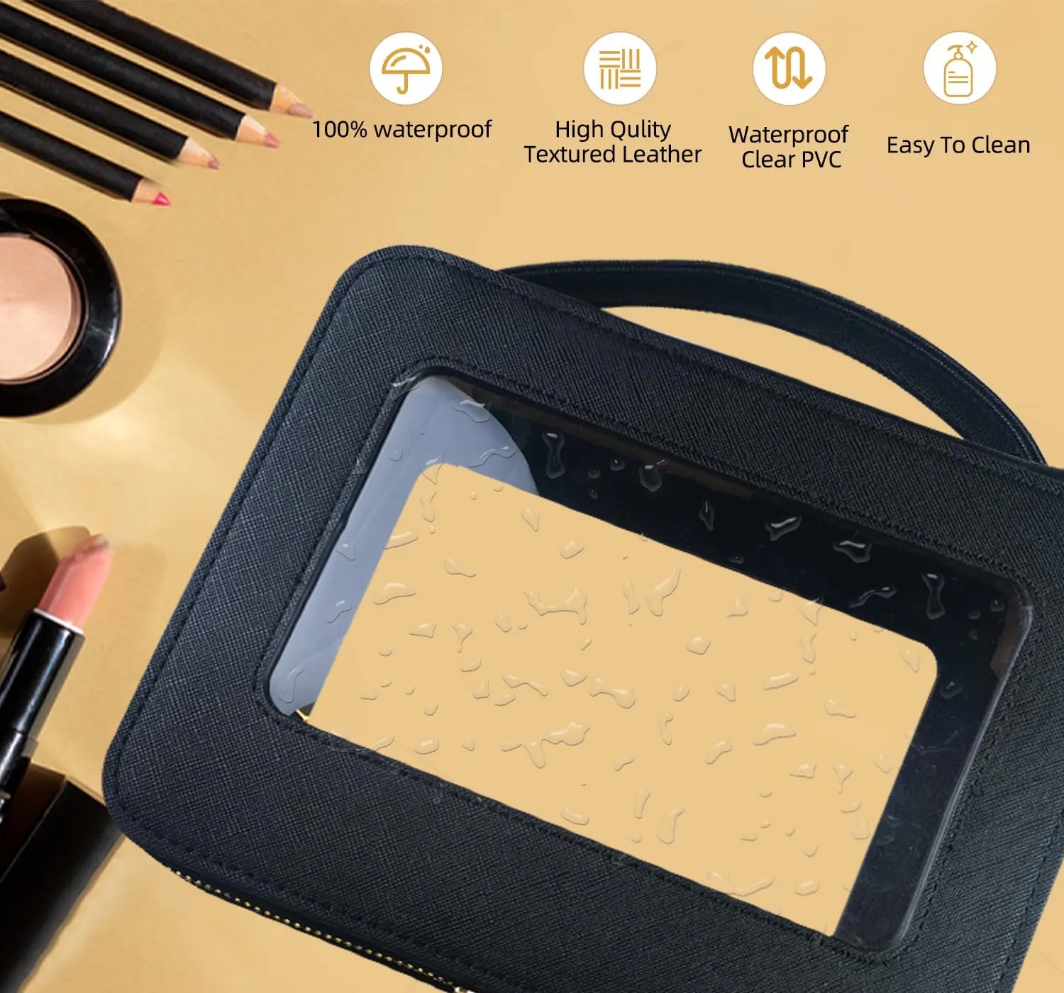 Clear Makeup Bag with Small Cosmetic Bag, Clear Toiletry Bag Set with Zippers, TSA Approved Make Up Bags for Traveling, 2 Pack Portable Leathers Makeup Case Organizer for Women(Black)