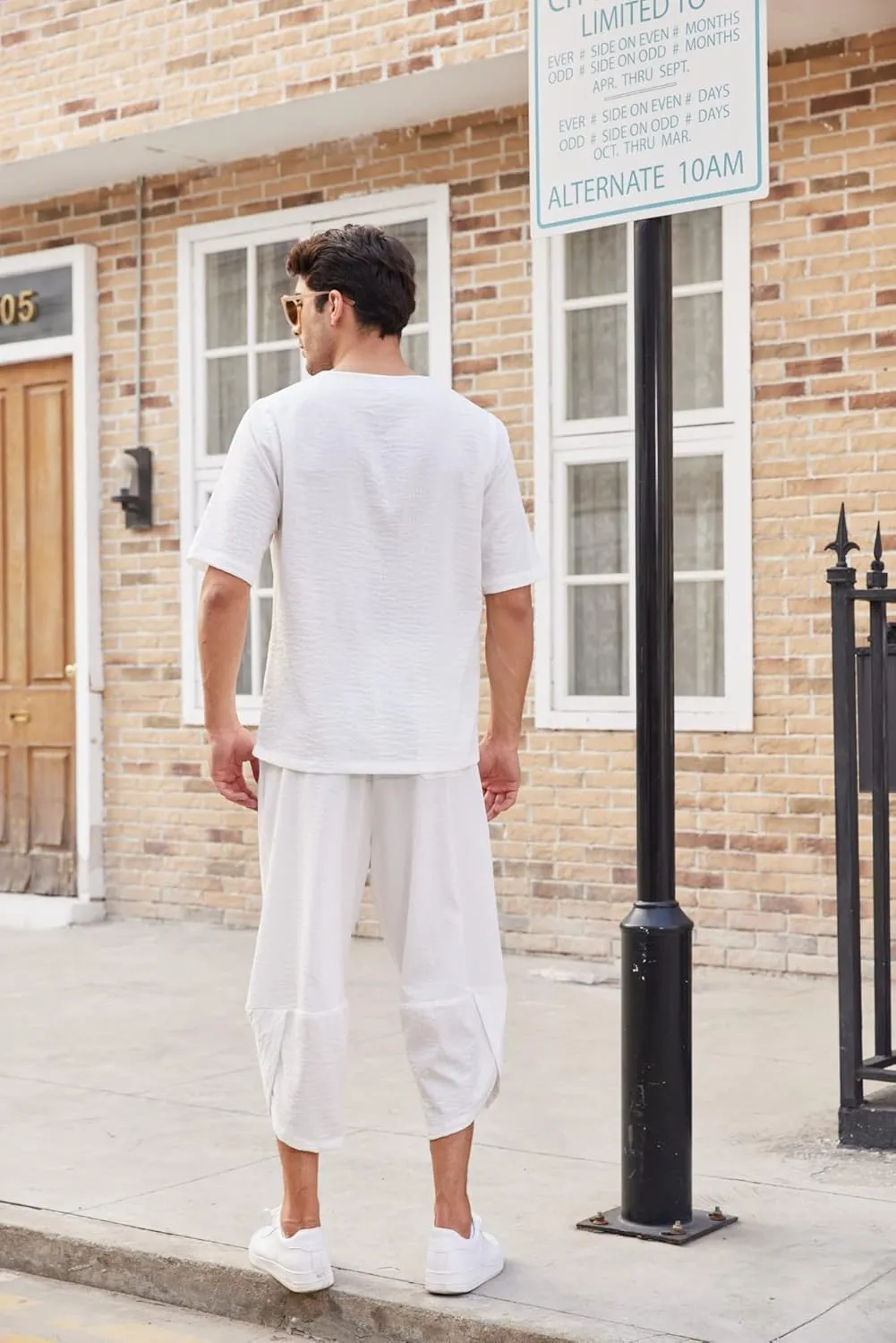 COOFANDY Men's 2 Pieces Linen Set Henley Shirt Short Sleeve and Harem Capri Pants Wide Leg Baggy Beach Yoga Trousers Outfits
